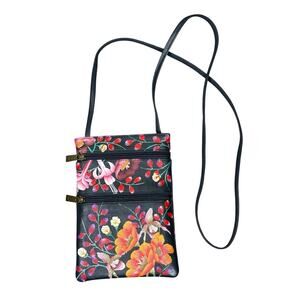 Anuschka Mini Crossbody Bag Leather Hand Painted Floral 8 1/2”x6” Artsy Colorful